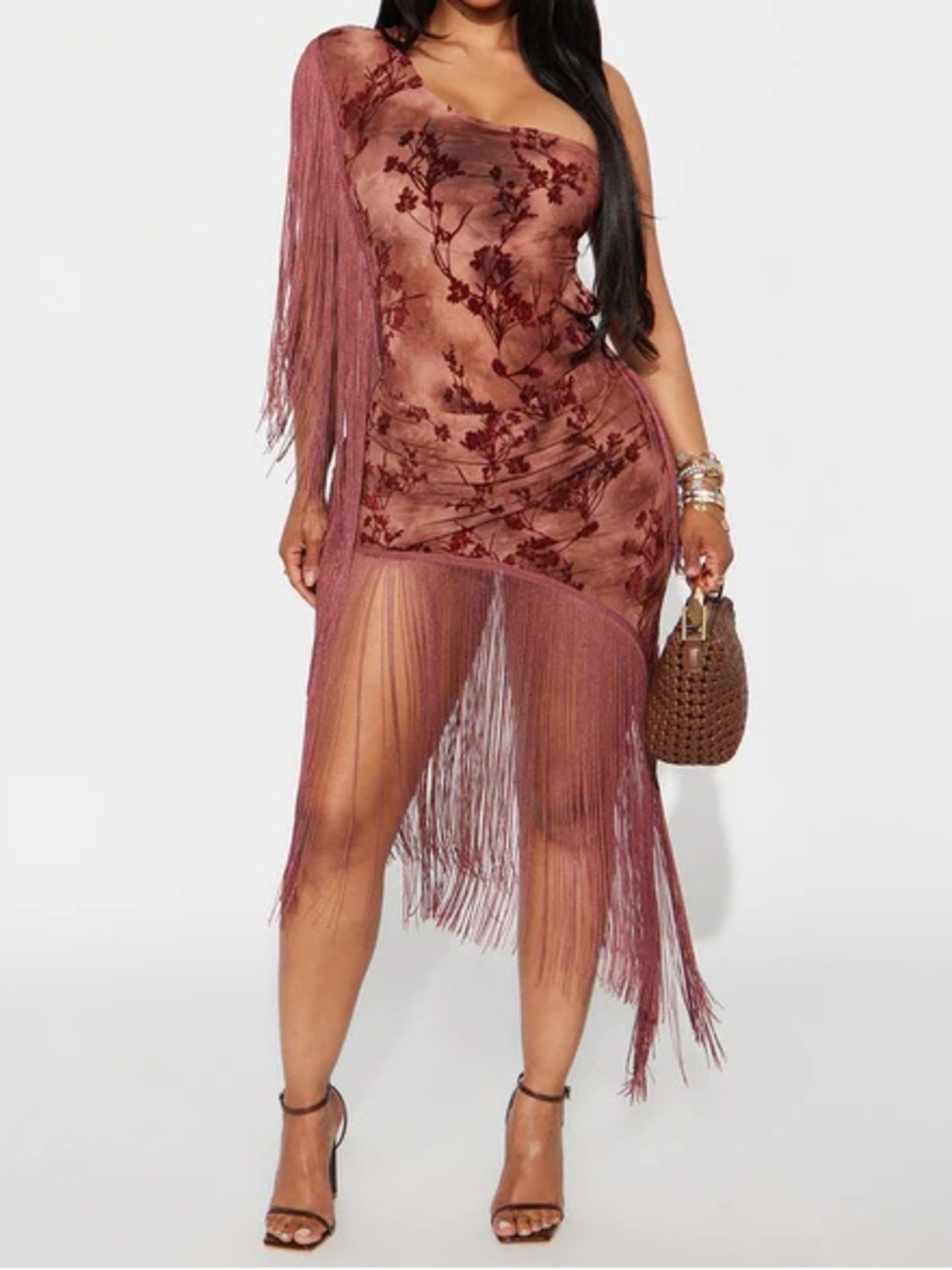Fashion Nova One-Shoulder Mauve Fringe Floral Velvet Dress